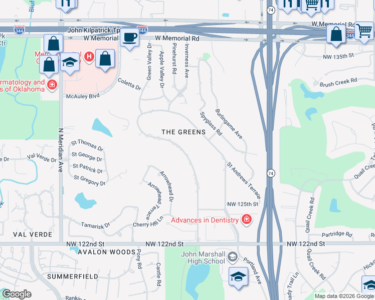 map of restaurants, bars, coffee shops, grocery stores, and more near 12832 Green Valley Drive in Oklahoma City
