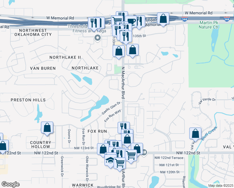 map of restaurants, bars, coffee shops, grocery stores, and more near 5907 Gaelic Glen Drive in Oklahoma City
