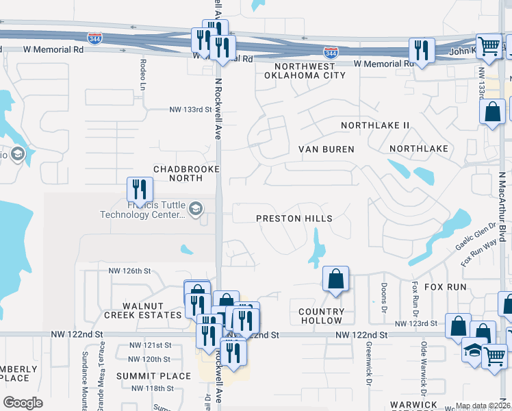 map of restaurants, bars, coffee shops, grocery stores, and more near 6916 Northwest 129th Street in Oklahoma City
