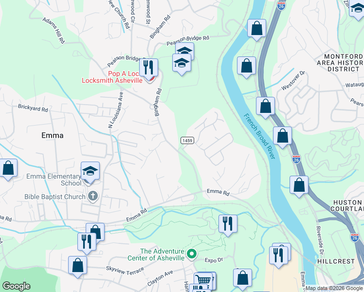 map of restaurants, bars, coffee shops, grocery stores, and more near 12 Bingham Road in Asheville