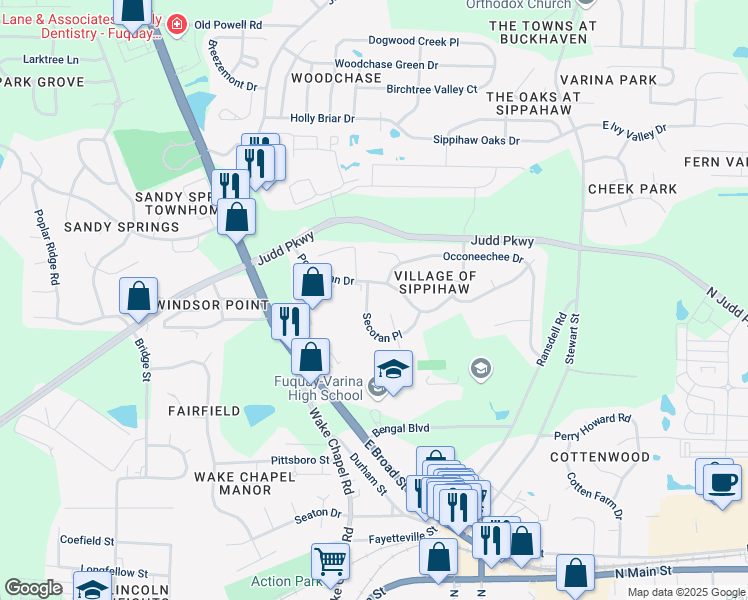 map of restaurants, bars, coffee shops, grocery stores, and more near 1255 Secotan Place in Fuquay-Varina