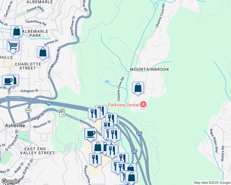 map of restaurants, bars, coffee shops, grocery stores, and more near 19 Old Chunns Cove Road in Asheville