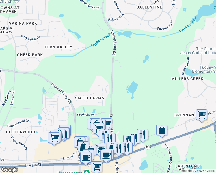 map of restaurants, bars, coffee shops, grocery stores, and more near 7237 Sunset Lake Road in Fuquay Varina