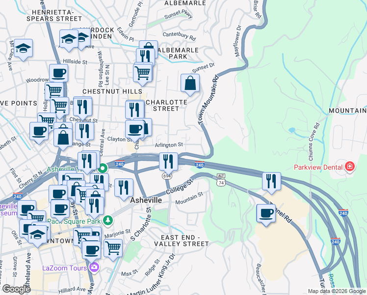 map of restaurants, bars, coffee shops, grocery stores, and more near 41 Hollywood Street in Asheville