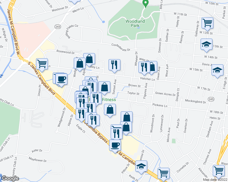 map of restaurants, bars, coffee shops, grocery stores, and more near 1821 Sunset Avenue in Columbia