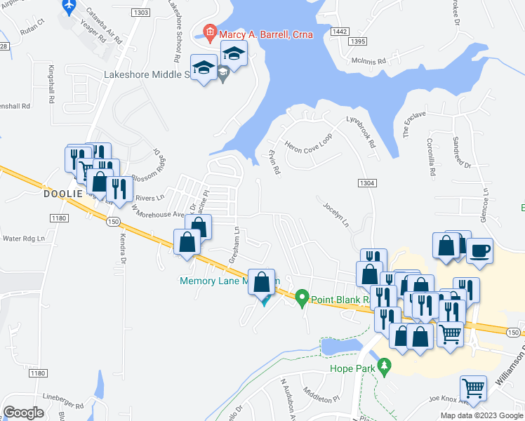 map of restaurants, bars, coffee shops, grocery stores, and more near 102 Pavillion Lane in Mooresville