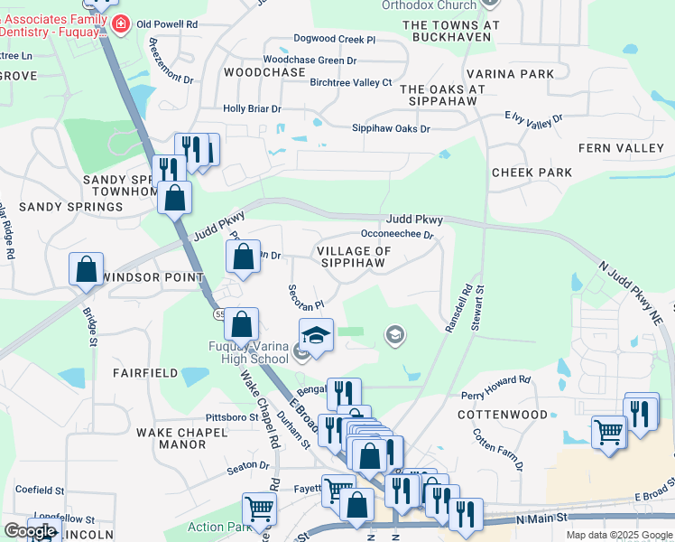 map of restaurants, bars, coffee shops, grocery stores, and more near 525 Powhatan Drive in Fuquay-Varina