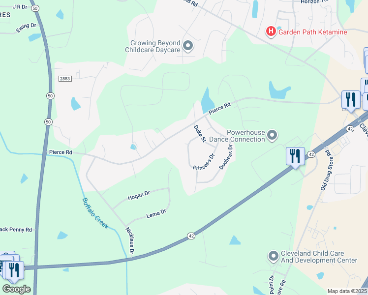 map of restaurants, bars, coffee shops, grocery stores, and more near 317 Princess Drive in Garner