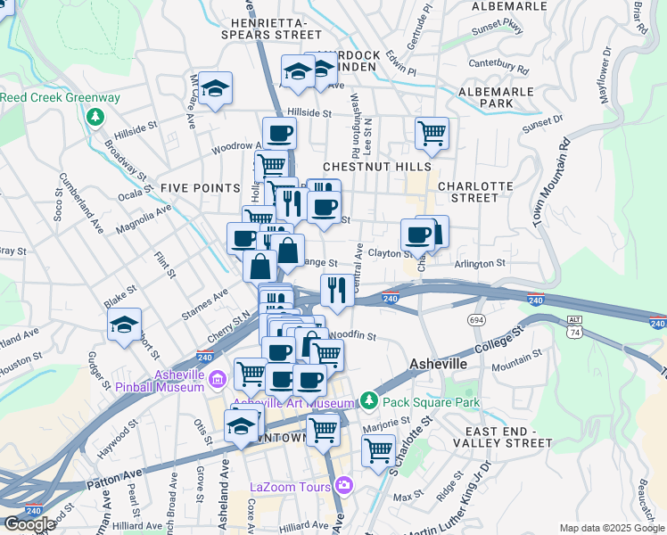 map of restaurants, bars, coffee shops, grocery stores, and more near 53 Orange Street in Asheville