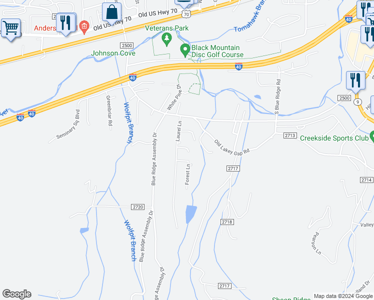 map of restaurants, bars, coffee shops, grocery stores, and more near 19 Woodbend Lane in Black Mountain