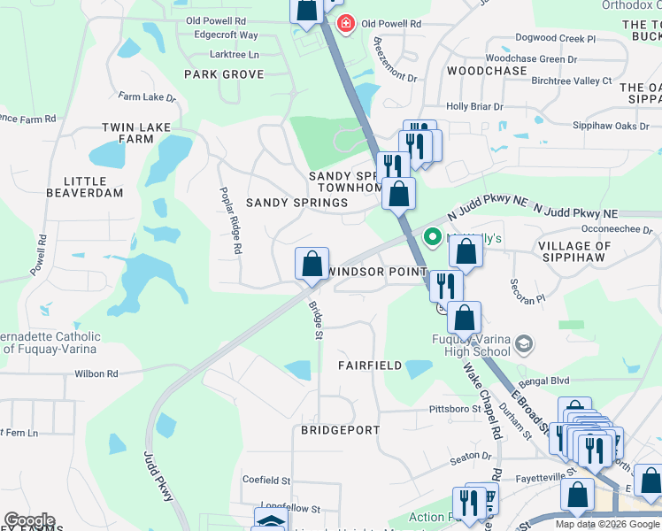 map of restaurants, bars, coffee shops, grocery stores, and more near 114 Youngwood Road in Fuquay Varina