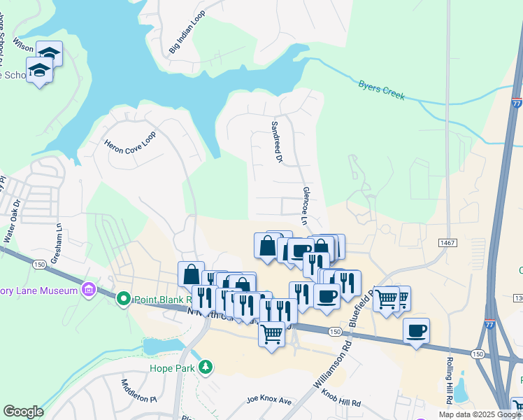map of restaurants, bars, coffee shops, grocery stores, and more near 168 Walmsley Place in Mooresville
