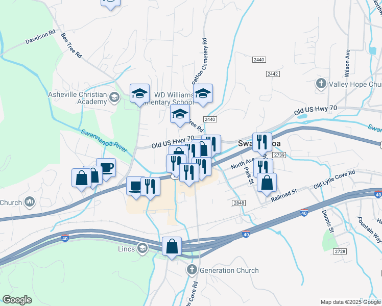 map of restaurants, bars, coffee shops, grocery stores, and more near 12 Earl Allen Drive in Swannanoa
