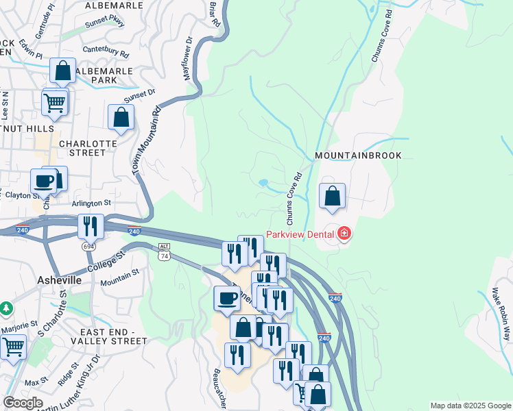 map of restaurants, bars, coffee shops, grocery stores, and more near 19 Old Chunns Cove Road in Asheville