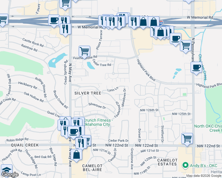map of restaurants, bars, coffee shops, grocery stores, and more near 2624 Lynn Lane in Oklahoma City