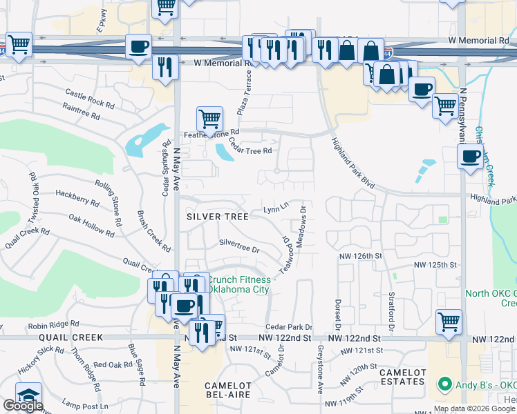 map of restaurants, bars, coffee shops, grocery stores, and more near 2624 Lynn Lane in Oklahoma City