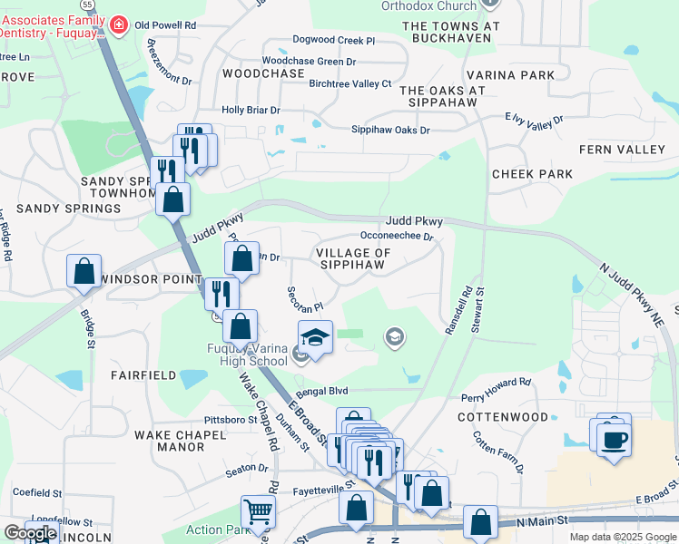 map of restaurants, bars, coffee shops, grocery stores, and more near 525 Powhatan Drive in Fuquay-Varina