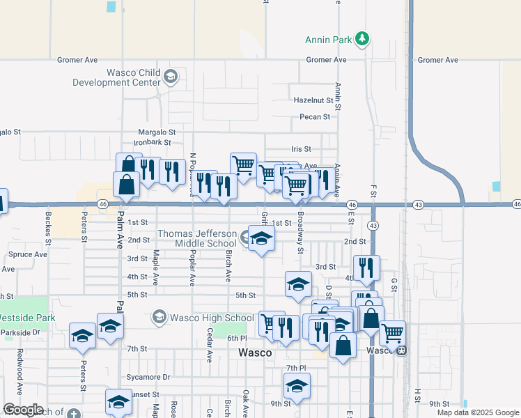 map of restaurants, bars, coffee shops, grocery stores, and more near 1218 1st Street in Wasco