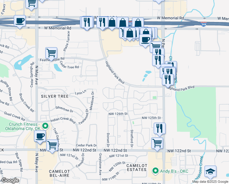 map of restaurants, bars, coffee shops, grocery stores, and more near 12831 North Stratford Drive in Oklahoma City