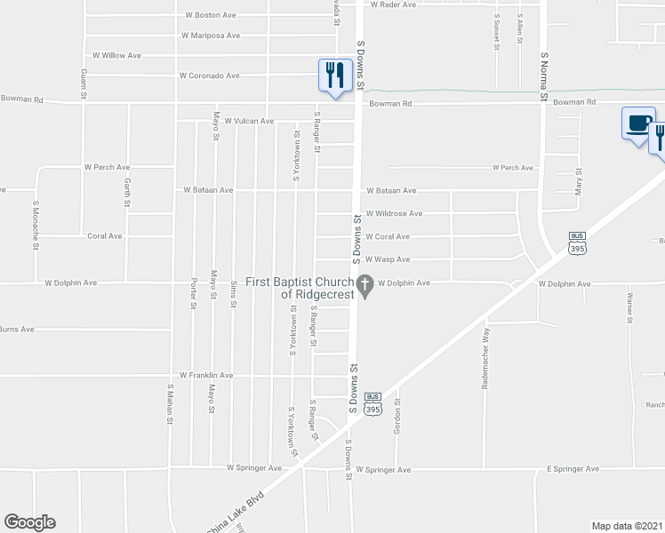 map of restaurants, bars, coffee shops, grocery stores, and more near 919 West Wasp Avenue in Ridgecrest