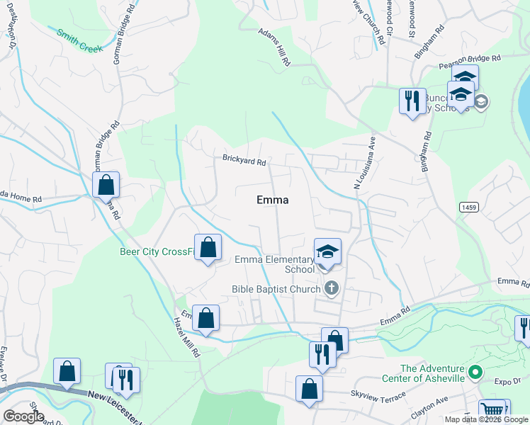 map of restaurants, bars, coffee shops, grocery stores, and more near 112 Brickyard Road in Asheville
