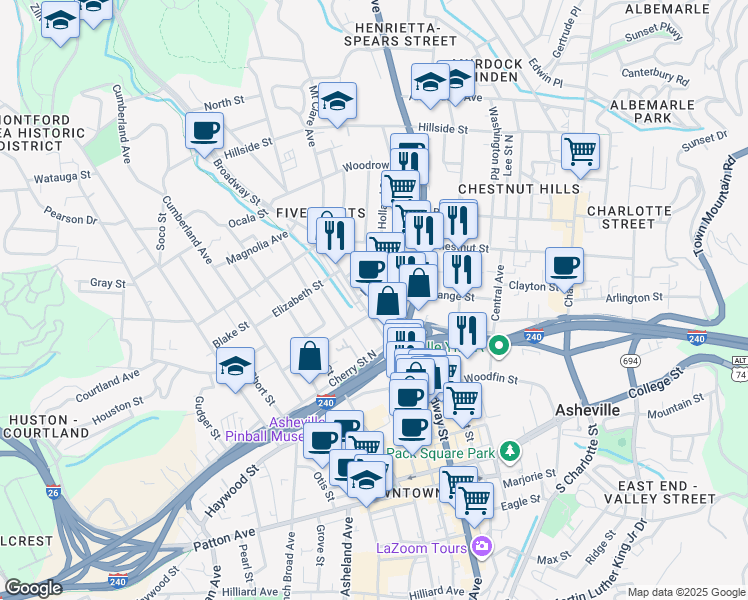 map of restaurants, bars, coffee shops, grocery stores, and more near 190 Broadway Street in Asheville