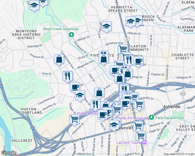 map of restaurants, bars, coffee shops, grocery stores, and more near 40 Elizabeth Street in Asheville