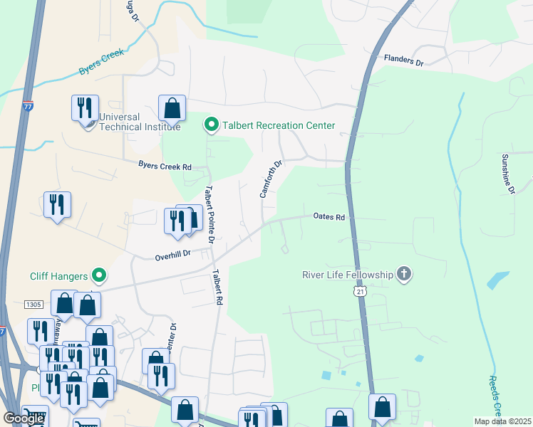 map of restaurants, bars, coffee shops, grocery stores, and more near 110 Camforth Drive in Mooresville