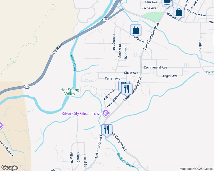 map of restaurants, bars, coffee shops, grocery stores, and more near 1689 Oldfield Road in Bodfish