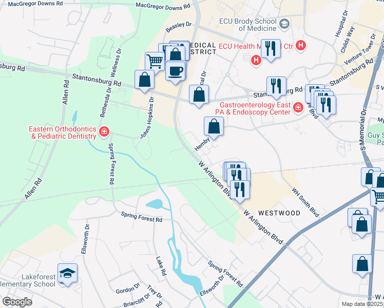 map of restaurants, bars, coffee shops, grocery stores, and more near 2495 Hemby Lane in Greenville