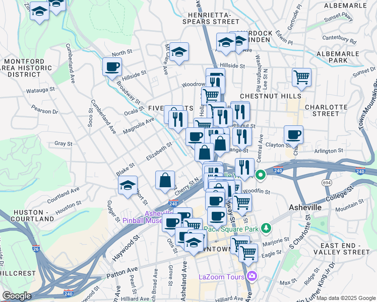map of restaurants, bars, coffee shops, grocery stores, and more near 190 Broadway Street in Asheville