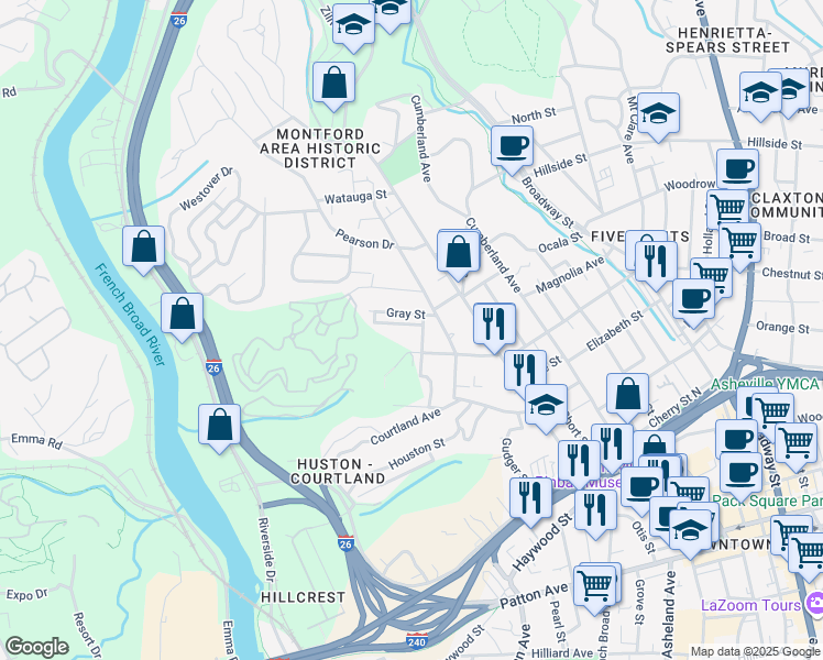 map of restaurants, bars, coffee shops, grocery stores, and more near 35 Madison Street in Asheville