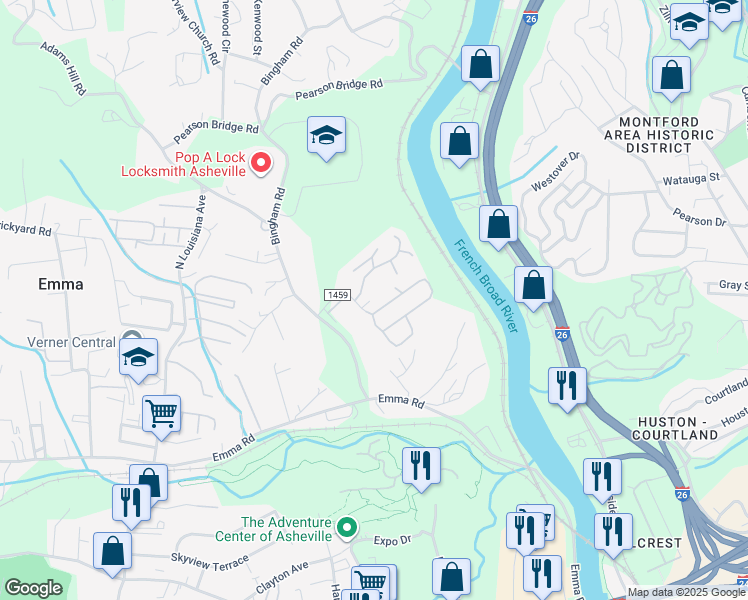 map of restaurants, bars, coffee shops, grocery stores, and more near 2 Edwards Drive in Asheville