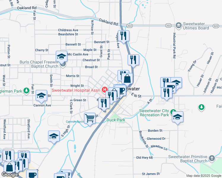 map of restaurants, bars, coffee shops, grocery stores, and more near 308 North High Street in Sweetwater