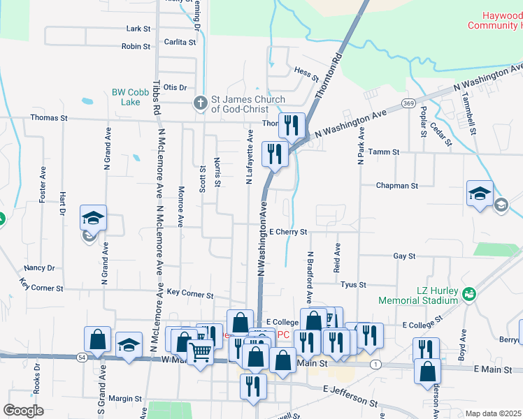 map of restaurants, bars, coffee shops, grocery stores, and more near 805 North Washington Avenue in Brownsville
