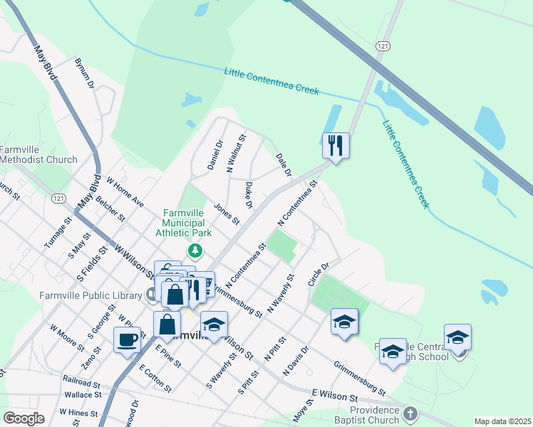 map of restaurants, bars, coffee shops, grocery stores, and more near 3549 North Main Street in Farmville
