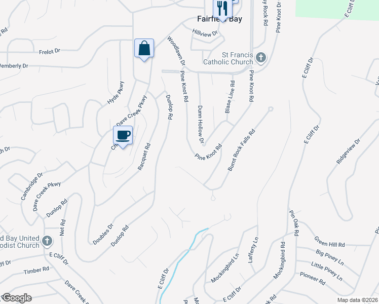 map of restaurants, bars, coffee shops, grocery stores, and more near 154 Pine Knot Road in Fairfield Bay