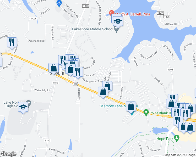 map of restaurants, bars, coffee shops, grocery stores, and more near 107 Kensington Street in Mooresville