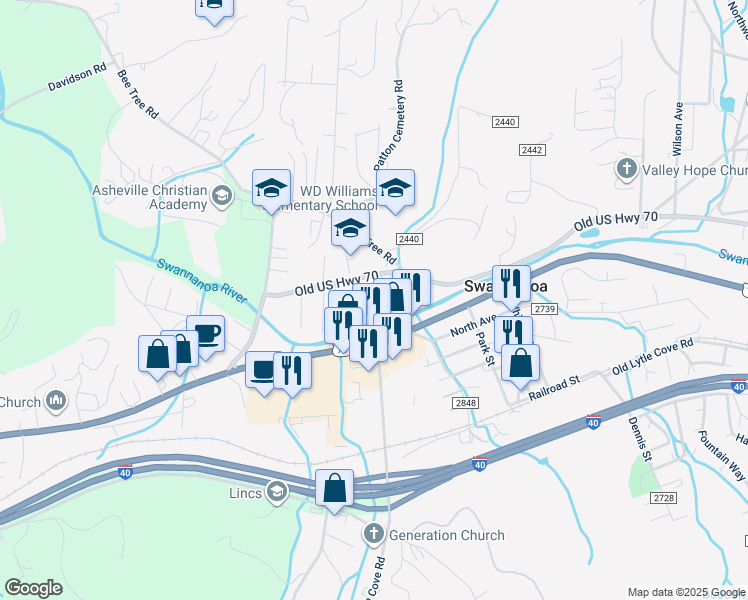 map of restaurants, bars, coffee shops, grocery stores, and more near 12 Earl Allen Drive in Swannanoa