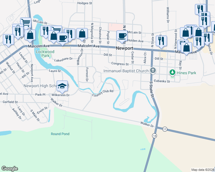 map of restaurants, bars, coffee shops, grocery stores, and more near 8 Country Club Road in Newport