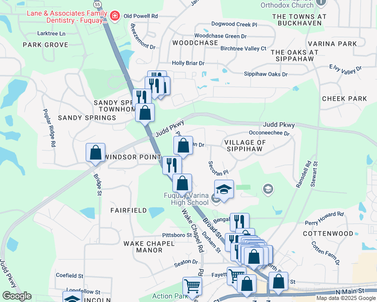 map of restaurants, bars, coffee shops, grocery stores, and more near 1206 Saura Court in Fuquay-Varina