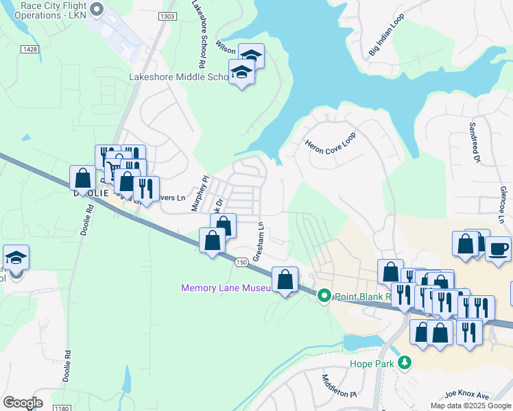 map of restaurants, bars, coffee shops, grocery stores, and more near 180 Gresham Lane in Mooresville