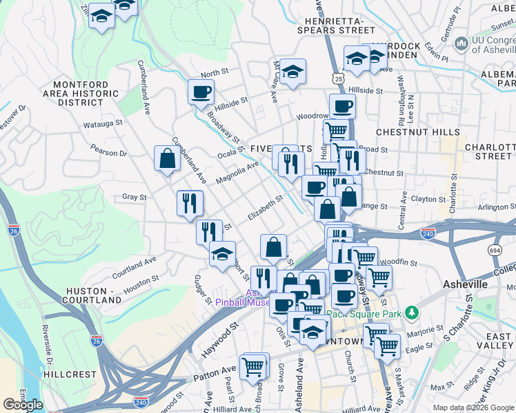map of restaurants, bars, coffee shops, grocery stores, and more near 135 Flint Street in Asheville
