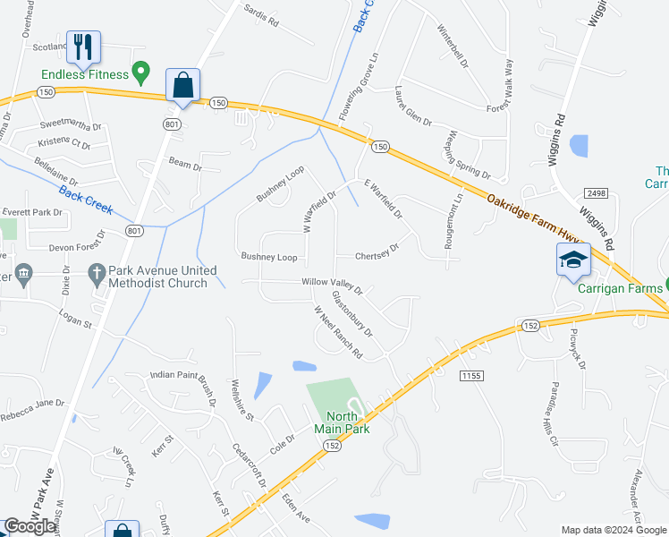 map of restaurants, bars, coffee shops, grocery stores, and more near 186 Glastonbury Drive in Mooresville
