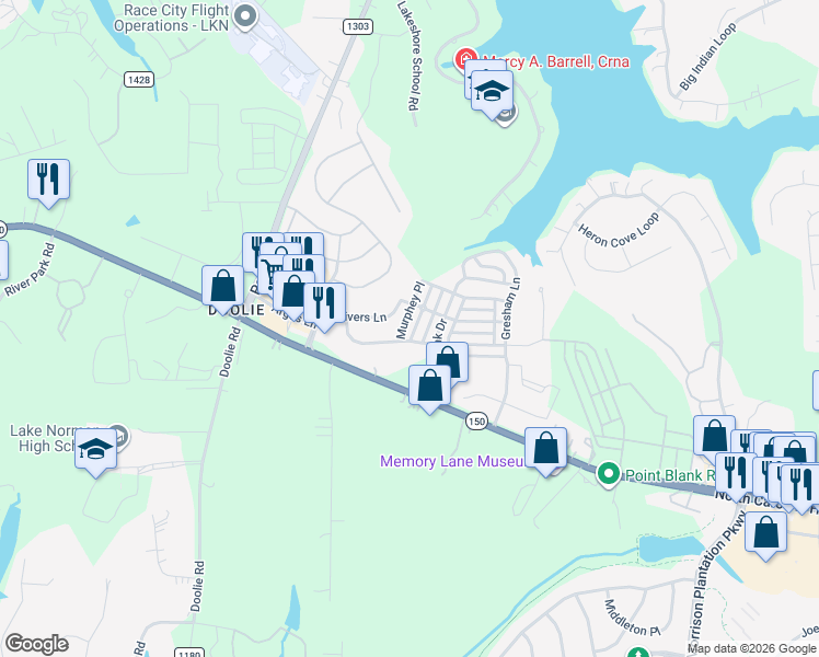 map of restaurants, bars, coffee shops, grocery stores, and more near 109 Kensington Street in Mooresville