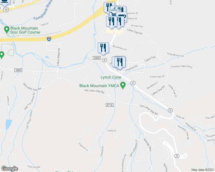 map of restaurants, bars, coffee shops, grocery stores, and more near 107 Lynch Cove Road in Black Mountain