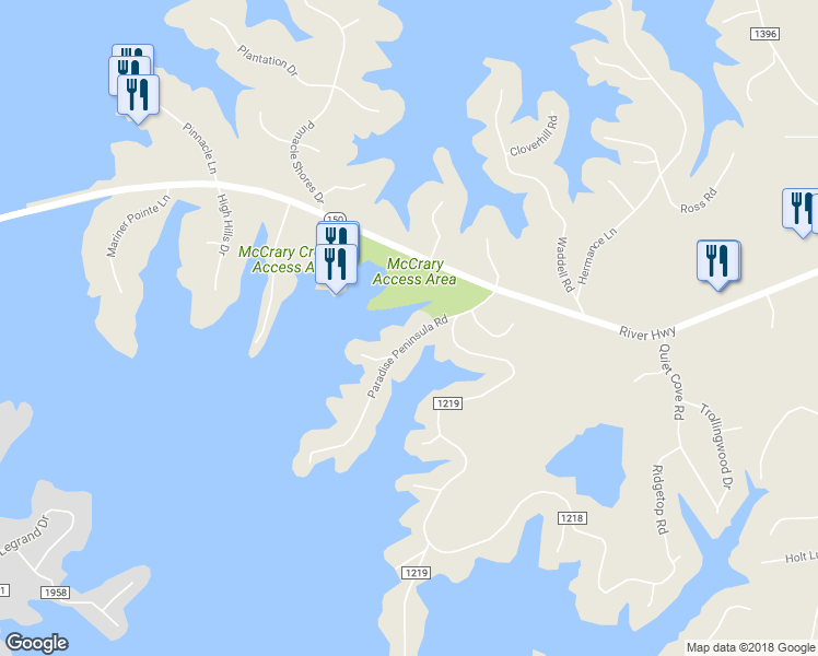 map of restaurants, bars, coffee shops, grocery stores, and more near 150 Paradise Peninsula Drive in Mooresville