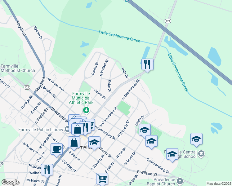 map of restaurants, bars, coffee shops, grocery stores, and more near 3549 North Main Street in Farmville
