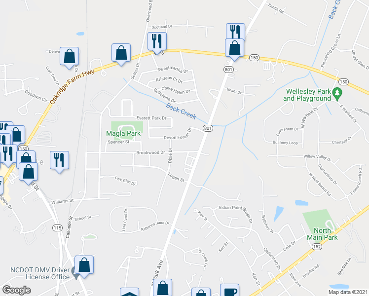 map of restaurants, bars, coffee shops, grocery stores, and more near 824 Brookwood Drive in Mooresville