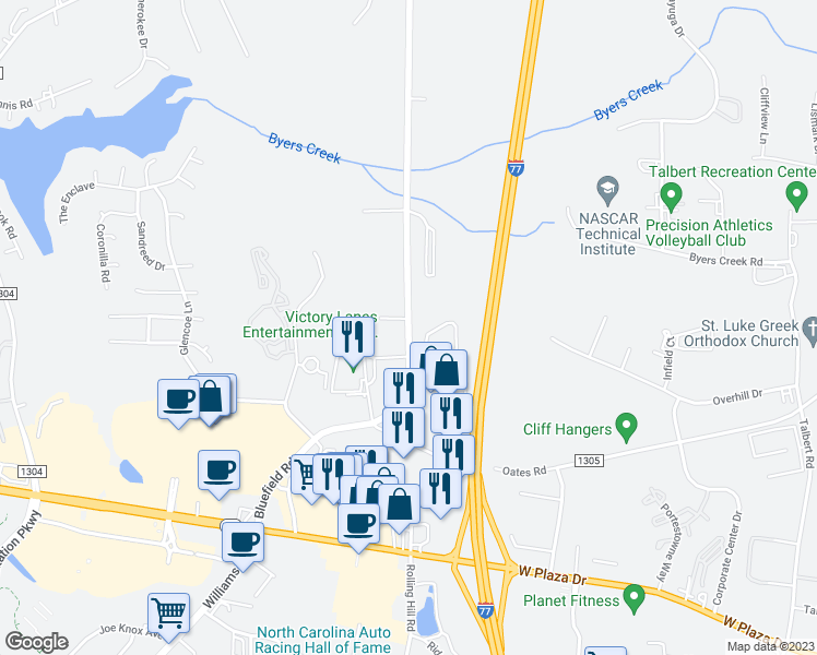map of restaurants, bars, coffee shops, grocery stores, and more near 551 Bluefield Road in Mooresville